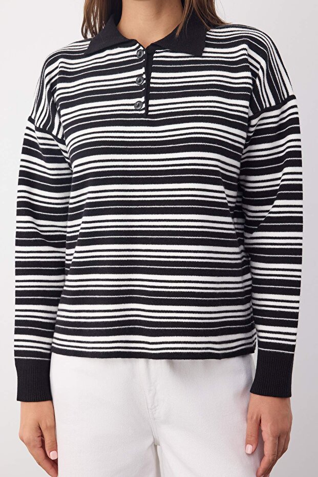 Wardrobe Essentials Siyah Premium/Özel İplik Polo Yaka Triko Kazak | TWOAW26KZ00060 - 3