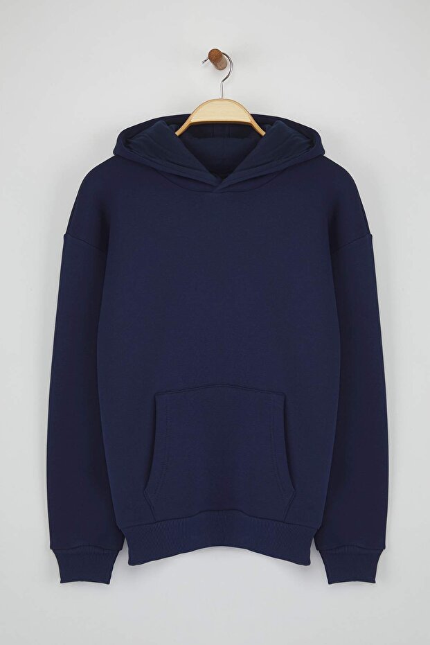 Lacivert Oversize/Geniş Kesim Sırtı Nakış Detaylı Kapüşonlu Sweatshirt TMNAW25SW00142 - 9