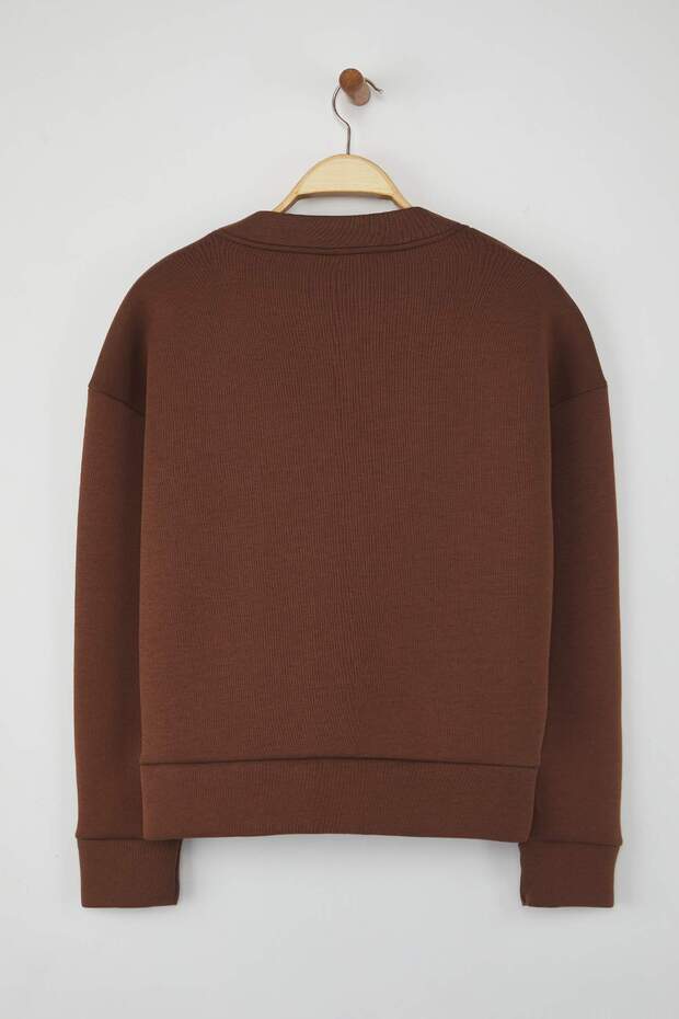 Kahverengi Oversize/Geniş Kalıp V yaka Full Düğme Kapama Kalın Esnek Örme Sweatshirt TWOAW26SW00013 - 6