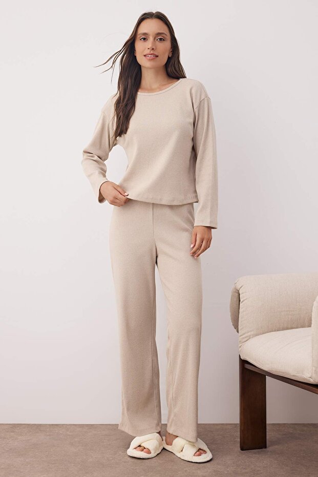 Bej Fitilli Örme Pijama Takımı THMAW21PT0684 - 2