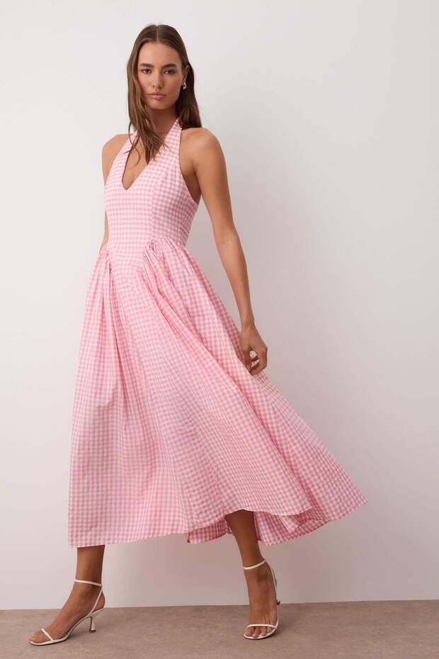 Pembe Pötikare Desenli Belden Açılan Dokuma Maxi Elbise TWOSS25EL00874 - 1