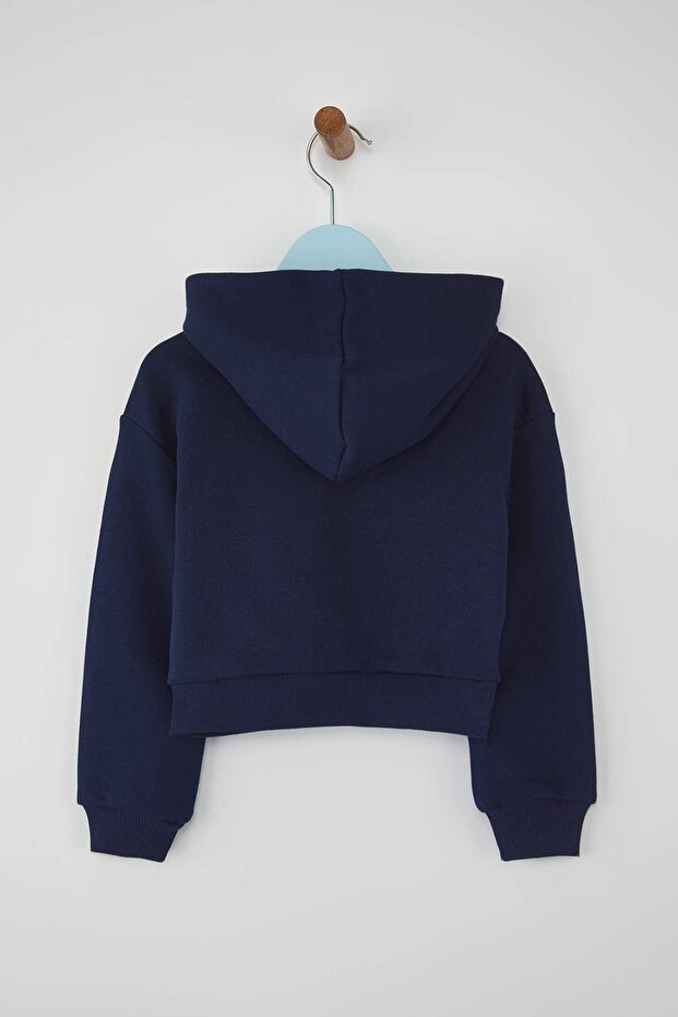 Lacivert Pamuklu Crop Fit Düz/Basic Kapüşonlu Oversize Örme Kız Çocuk Hırka TKDAW26HI00001 - 4