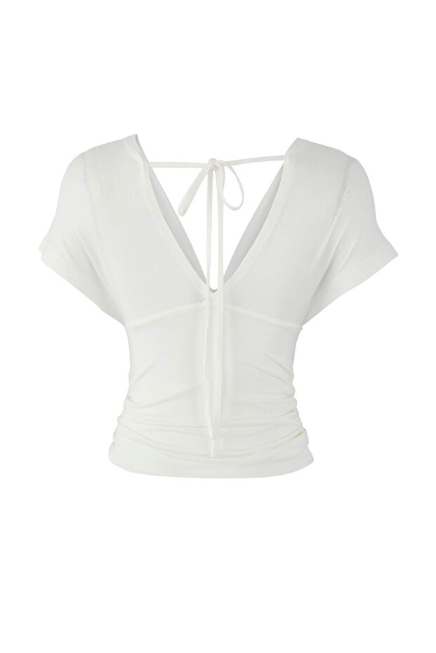 Ekru Fitted/Vücuda Oturan Büzgü/Drape Detaylı Örme Bluz TWOSS25BZ00605 - 8