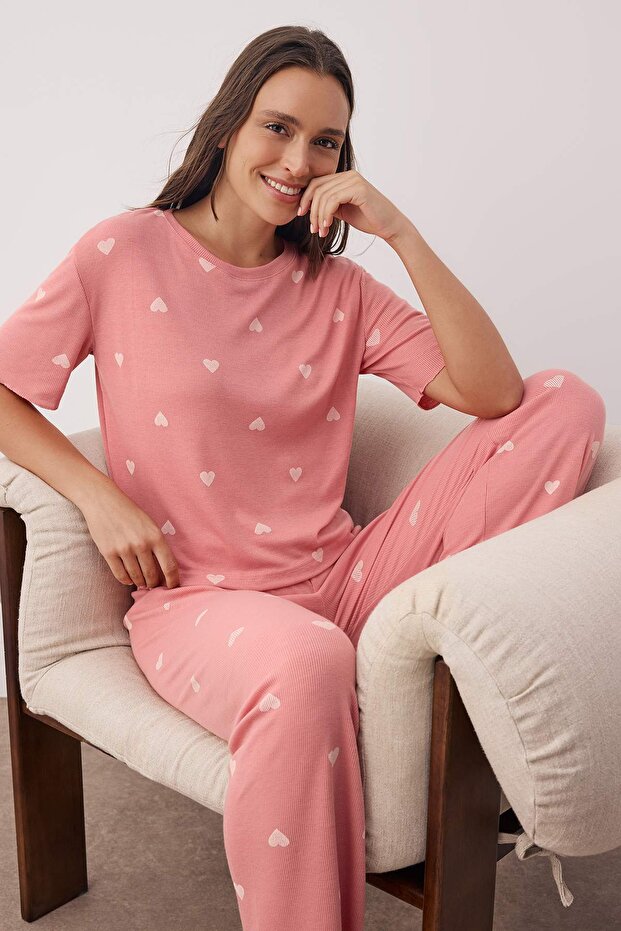 Pembe Kalpli Slogan Lastik Detaylı Fitilli Örme Pijama Takımı THMSS24PT00404 - 1