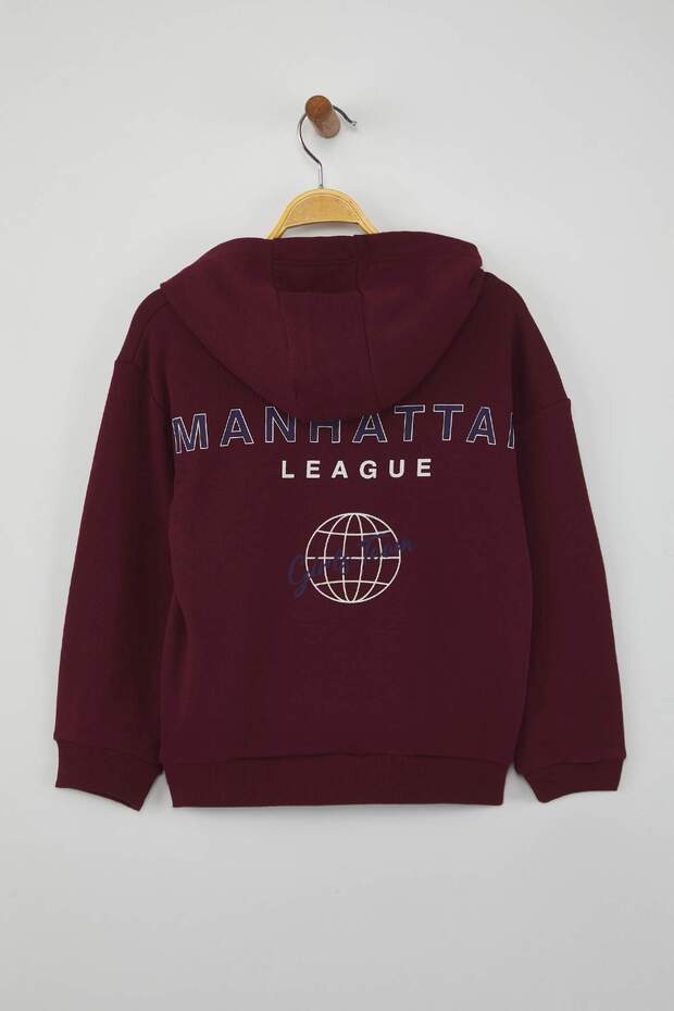 Bordo Pamuklu Slogan Baskılı Kapüşonlu Oversize Örme Unisex Çocuk Sweatshirt TKDAW26SW00010 - 4