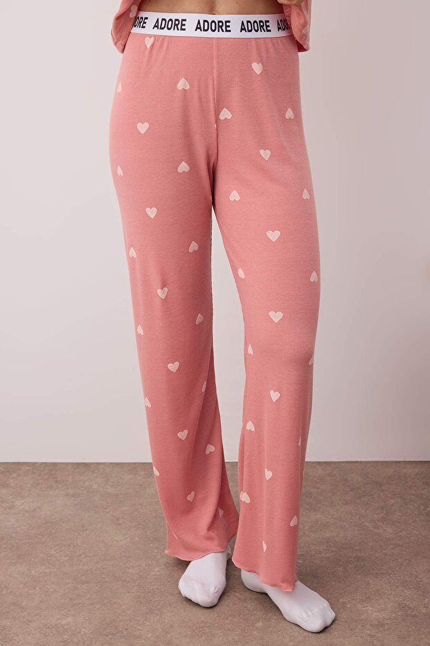 Pembe Kalpli Slogan Lastik Detaylı Fitilli Örme Pijama Takımı THMSS24PT00404 - 3