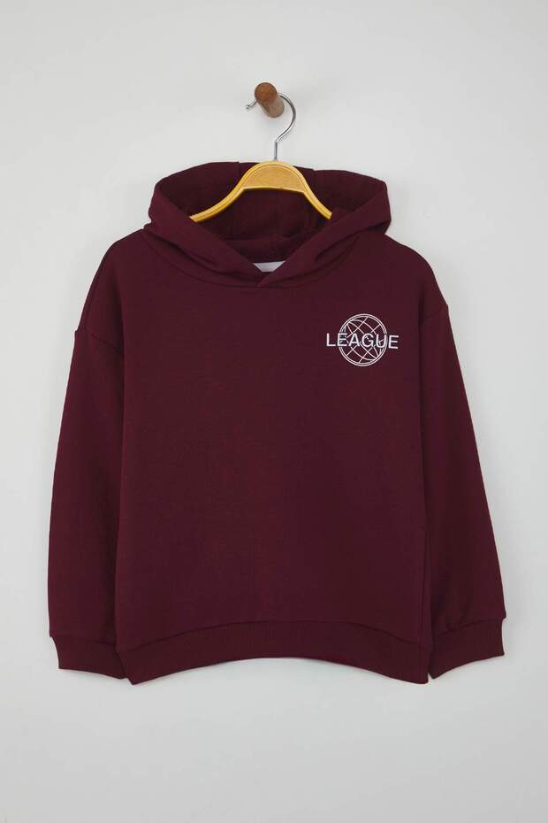 Bordo Pamuklu Slogan Baskılı Kapüşonlu Oversize Örme Unisex Çocuk Sweatshirt TKDAW26SW00010 - 2