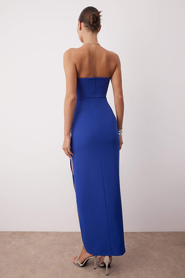 Saks Vücuda Oturan Korse Detaylı Dokuma Düğün/Nikah Uzun Şık Abiye Elbise TPRSS24AE00069 - 4