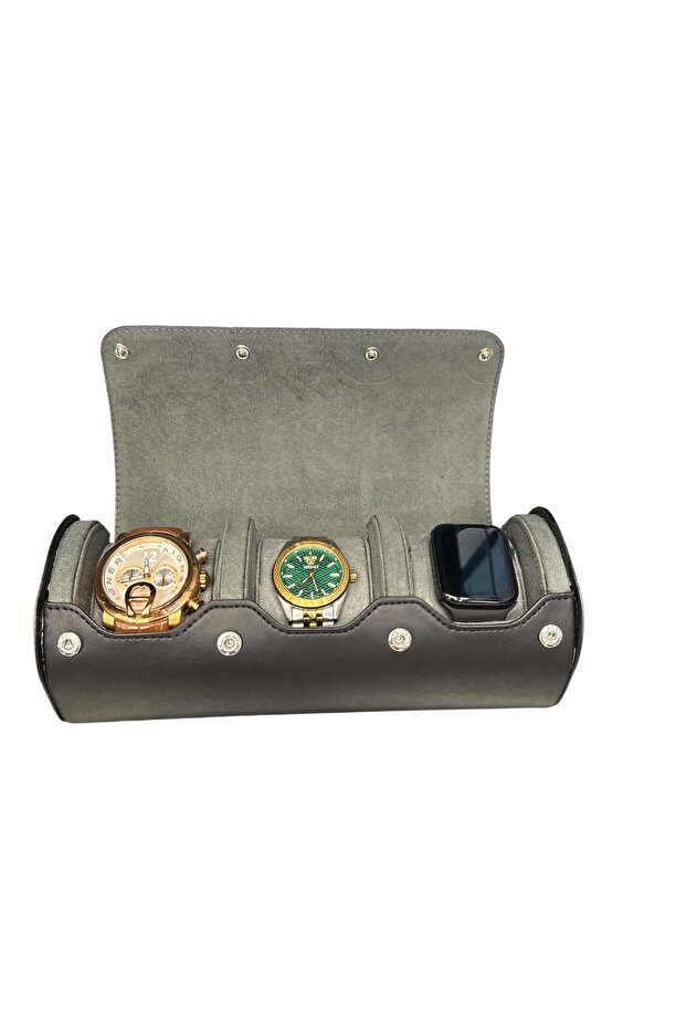 3-Piece Snap Watch and Jewelry Box – Pull up Faux Leather, Handmade Custom Padded Design Black