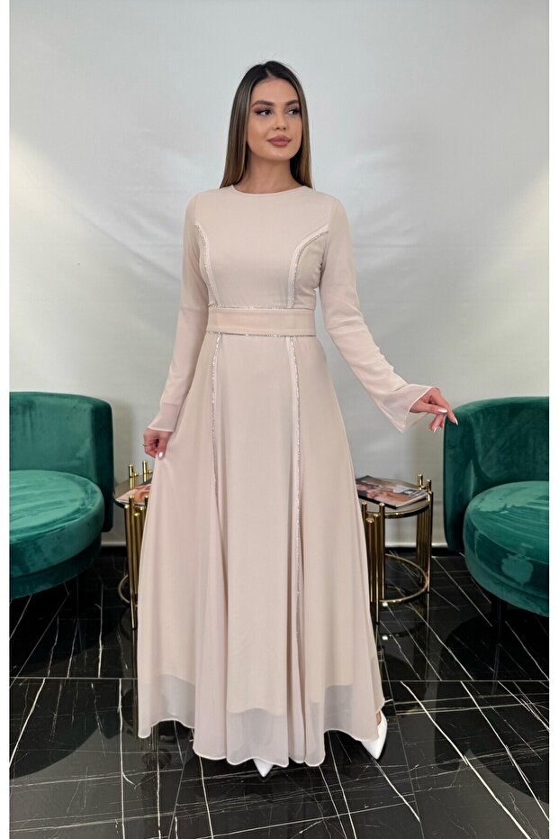 3250 ŞERİT TAŞLI ŞİFON ELBİSE - 1