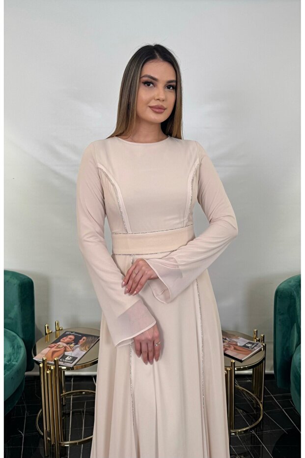 3250 ŞERİT TAŞLI ŞİFON ELBİSE - 2