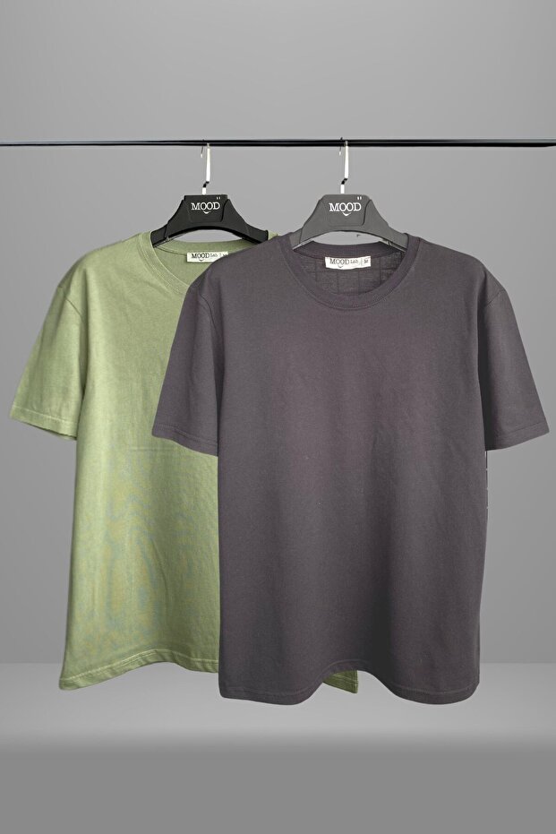 Unisex 2-Pack Khaki Anthracite Plain Basic T-Shirt 100% Cotton
