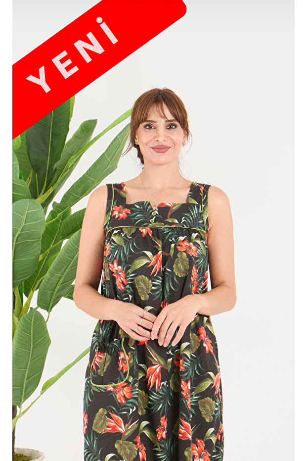 Wide Cut New Pattern Pocketed Suspender Dress in Quality Cotton Fabric