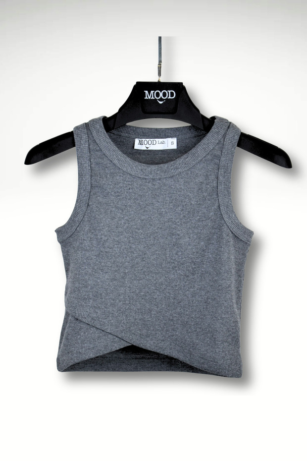 Anthracite Sleeveless Crop Double-Breasted Detailed Ribbed Tank Top T-Shirt