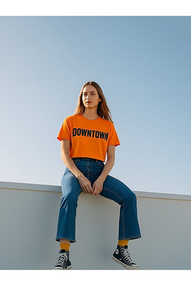 Baskılı Basıc Örme Kare Crop Sloganlı Turuncu T-shırt - 1