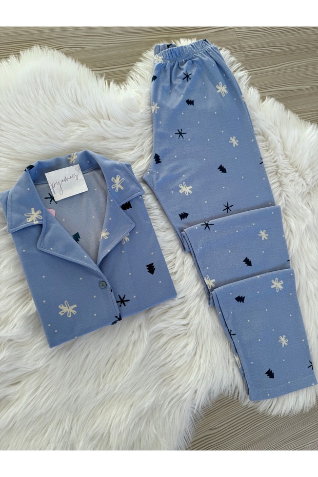 Mavi Kar Desenli Süet Gömlek Yaka Uzun Kol Pijama Takımı - 2