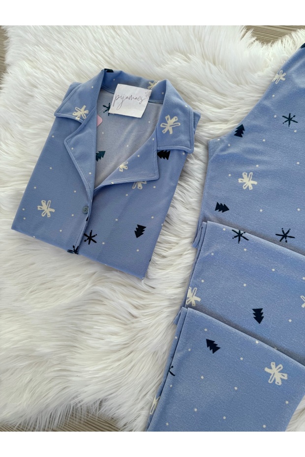 Mavi Kar Desenli Süet Gömlek Yaka Uzun Kol Pijama Takımı - 5