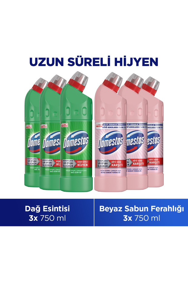Domestos Çamaşır Suyu Beyaz Sabun Ferahlığı 750 ml x3 + Çamaşır Suyu Dağ Esintisi 750 ml x3