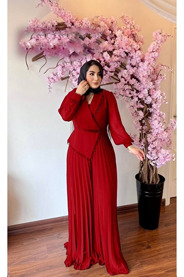 بذلة شيفون مرصعة بالحجارة - XL - أحمر