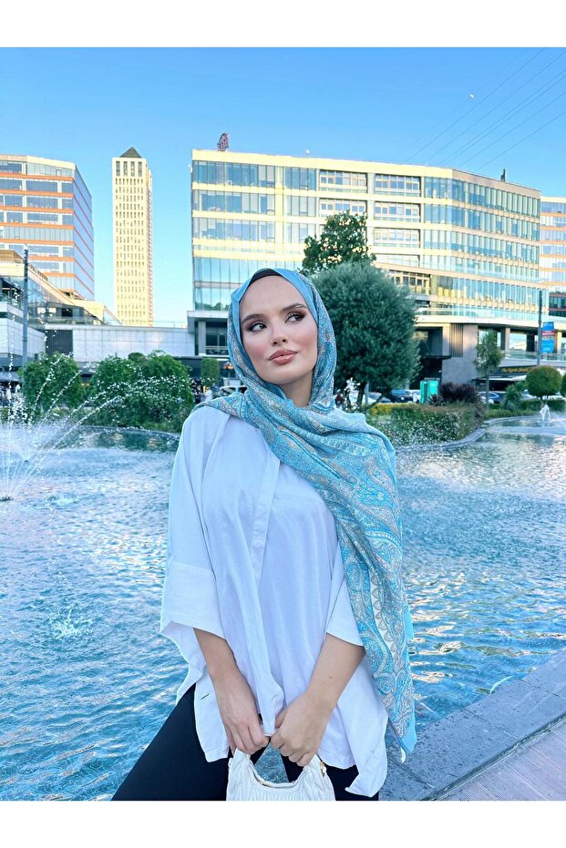 Retro Pattern Poly Blue Shawl - 2