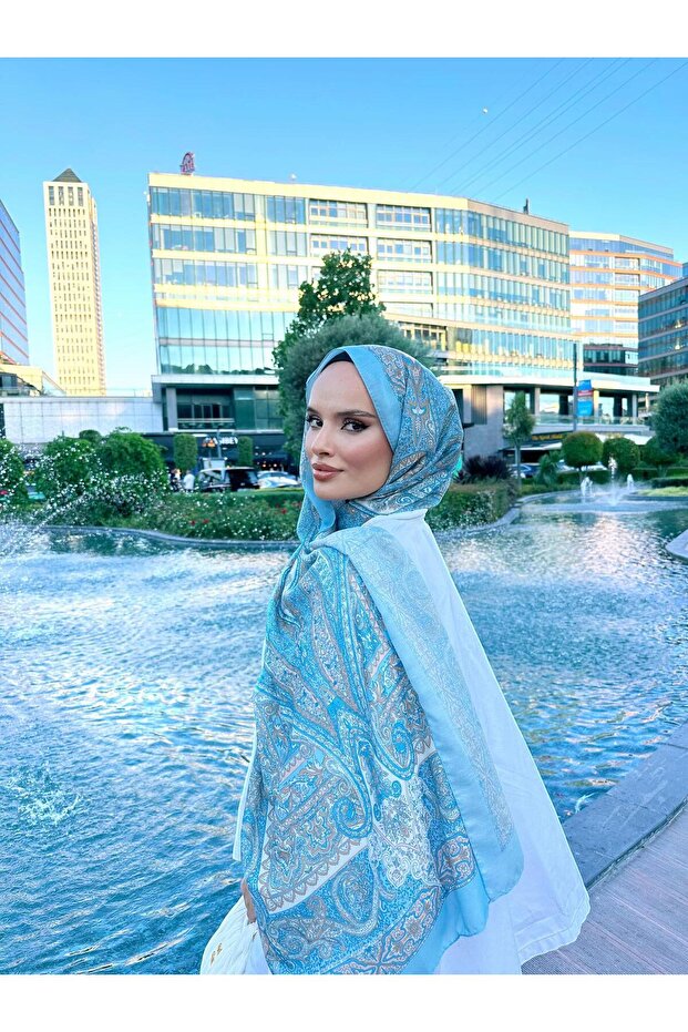 Retro Pattern Poly Blue Shawl - 1