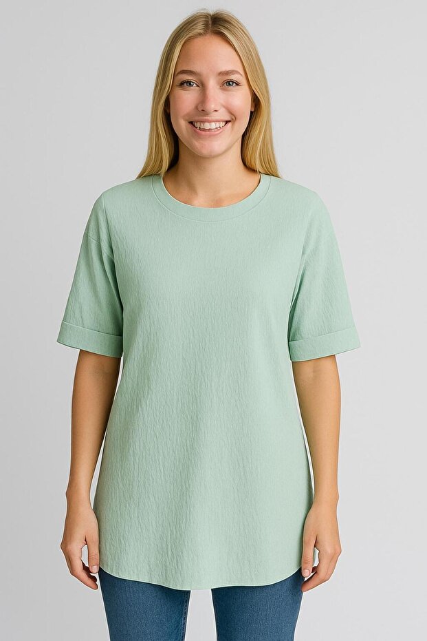 Women's Oversize Fit Wrinkled Fabric Double Sleeve Side Slit T-Shirt Blouse - T954