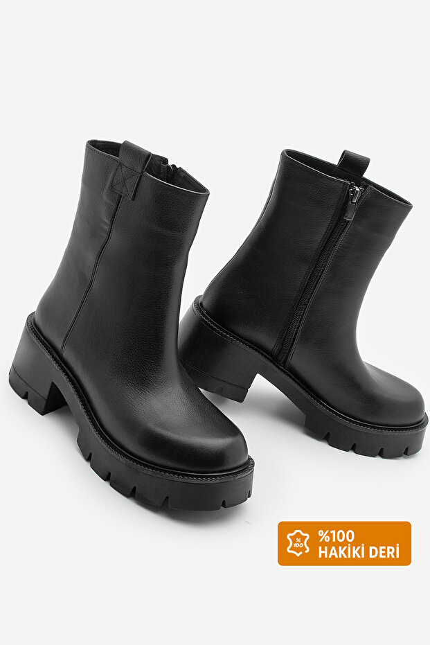 Women's Genuine Leather Daily Boots Thick Serrated Sole Fesko Black