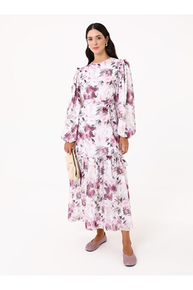 Floral Patterned Chiffon Hijab Dress - Dusty Rose - Refka