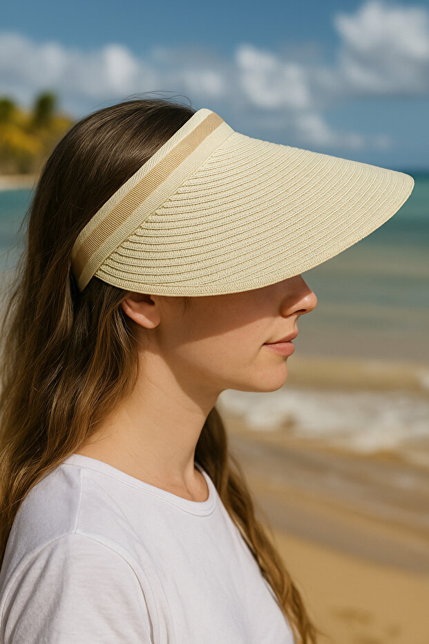 Light Beige Straw Visor Hat - 1