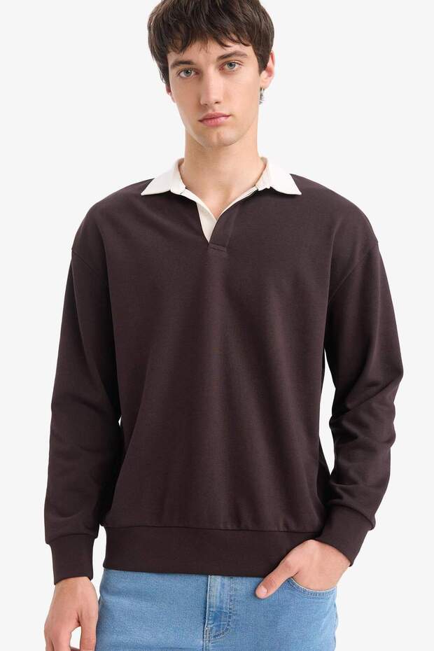 Boxy Fit Polo Yaka Basic Düz Sweatshirt E6523AX24WN - 5