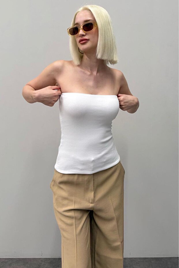 Beyaz Straplez Basic Kadın Bluz Sh247 - 5