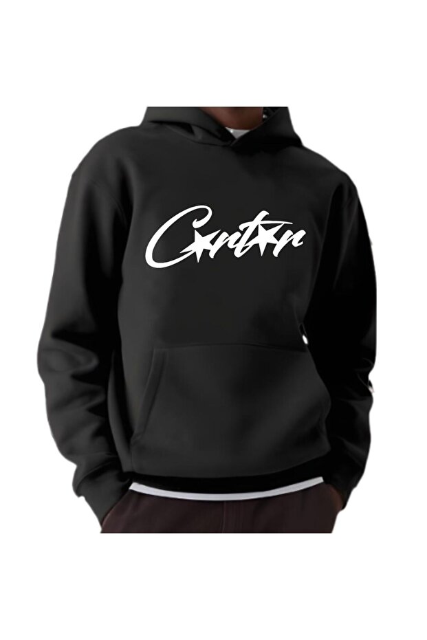 Crtz Printed Women/Men Unisex Oversize Hooded Black 3-Thread Sweatshirt
