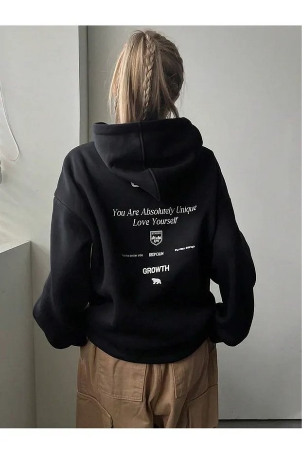 Back and Front Text Printed Women'S/Men's Unisex Oversize Hooded Black 3-Thread Sweatshirt