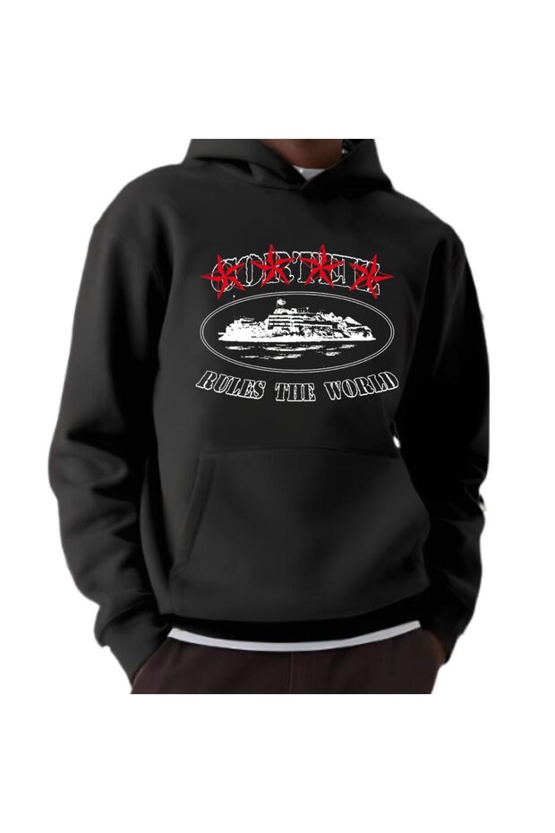 Crtz Printed Women/Men Unisex Oversize Hooded Black 3-Thread Sweatshirt
