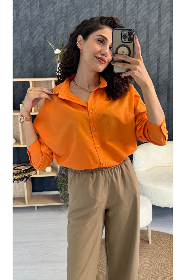Kadın Turuncu Oversize Gömlek - 3