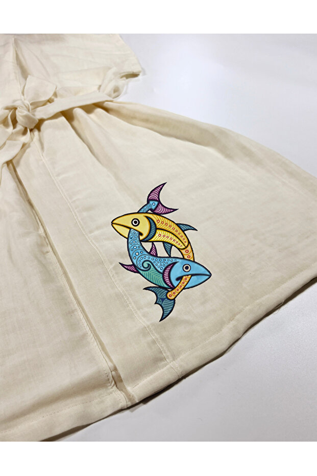 Blue Yellow Graphic Fish Ecru Color Low Sleeve Muslin Kimono