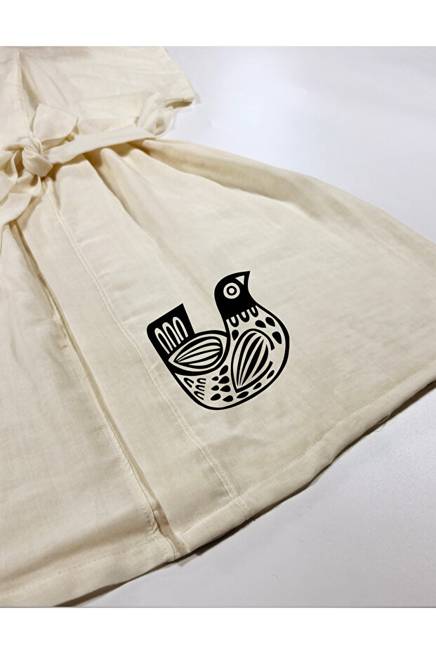 Ecru Color Low Sleeve Muslin Kimono with Nordic Bird Image