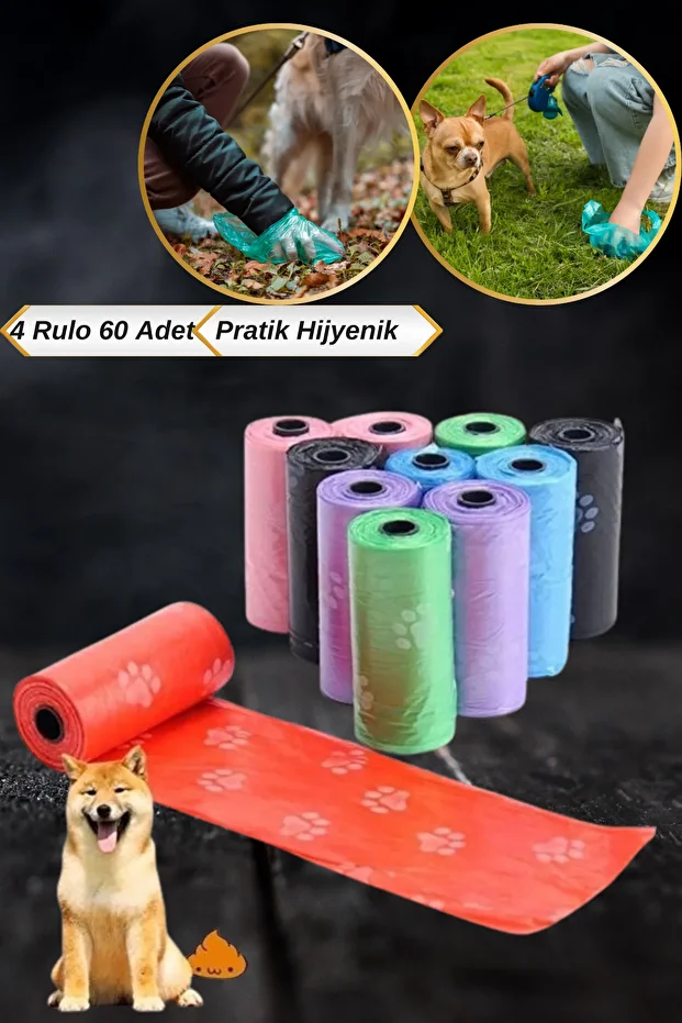 4 Rulo 60 Adet Pati Desen Pratik ve Hijyenik Köpek Kaka Poşeti | Kedi Köpek Dışkı Poşeti - 1