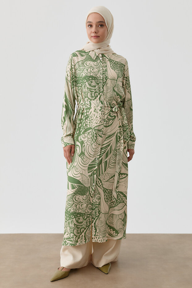 Kemerli Desenli Uzun Tunik - Haki - 3