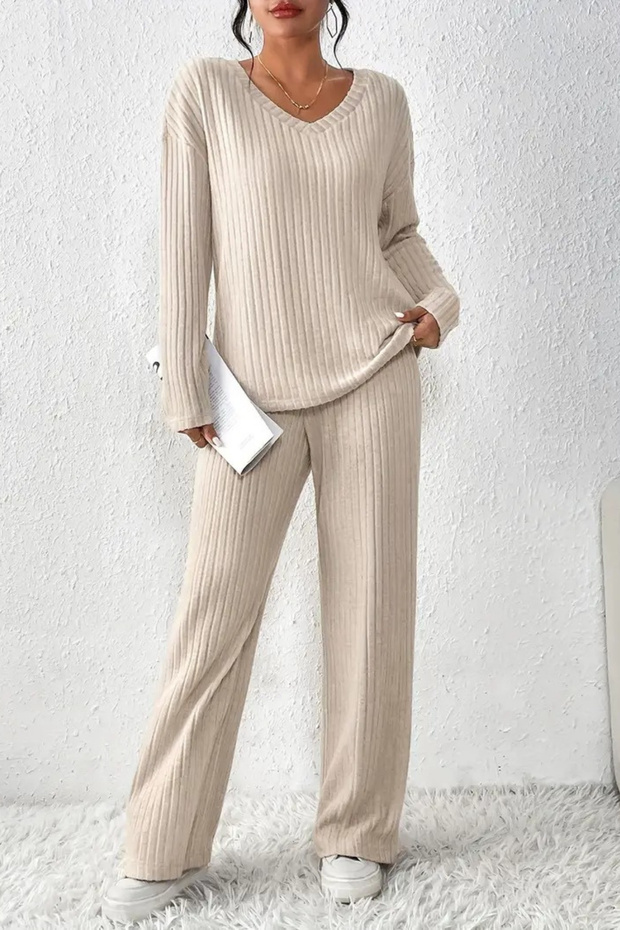 Unisex Beige Ribbed Interlock Sweatsuit – Comfortable for Home and Everyday Wear