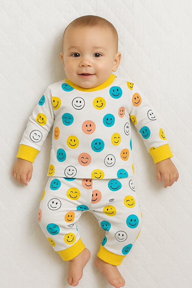 Colorful Smiley Patterned Baby 2-Piece Pajama Set 100% Cotton