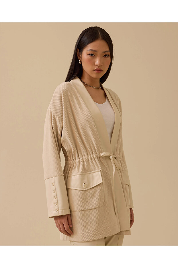 Çift Kumaşlı Bağcıklı Örme Ceket - 1