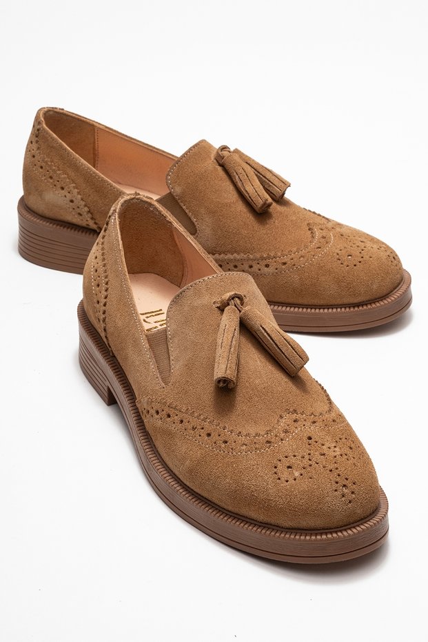 Alex Earth Suede Genuine Leather Tasseled Elastic Women's Loafer Shoes