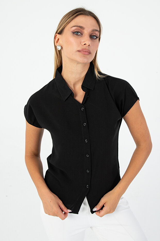 Women's Black Button Front Short Sleeve Shirt – Office & Stylish Style
