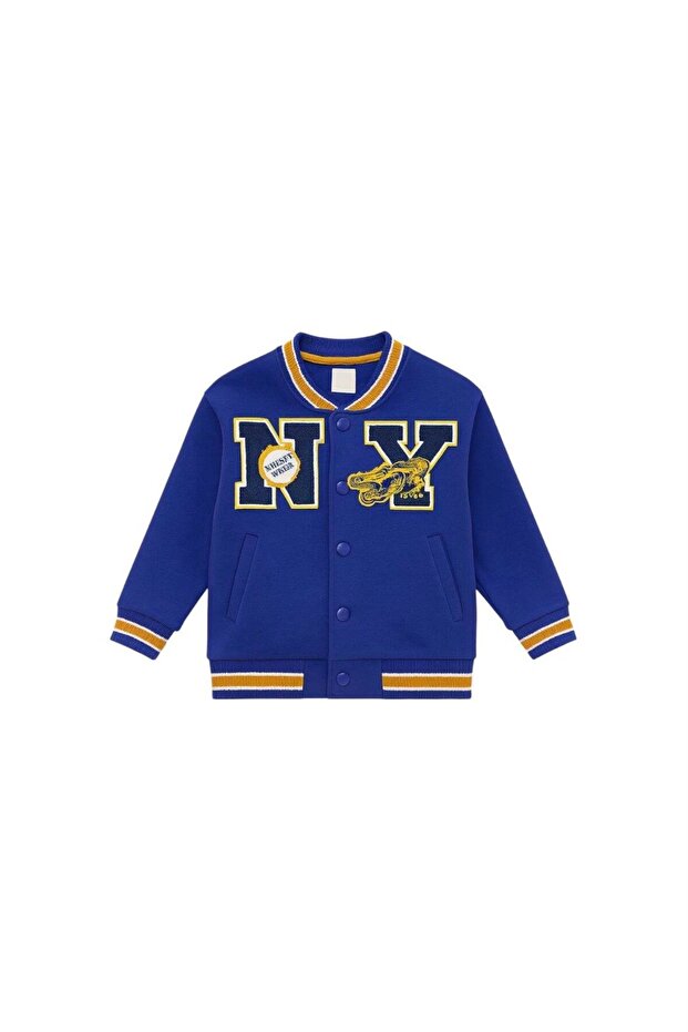Unisex Kids Cotton Navy Blue College Jacket - Bomber Jacket with Letter and Dragon Applique