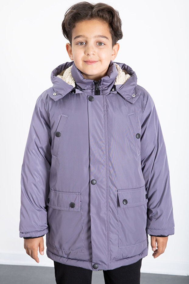 معطف منتفخ أساسي للأولاد مع فرو أنثراسيت وغطاء رأس قابل للإزالة 21443 - 6