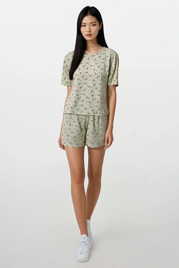 Kadın Sarı Panda Kingdom Soft Doku Bisiklet Yaka Üst Şort Pijama Takım - 1