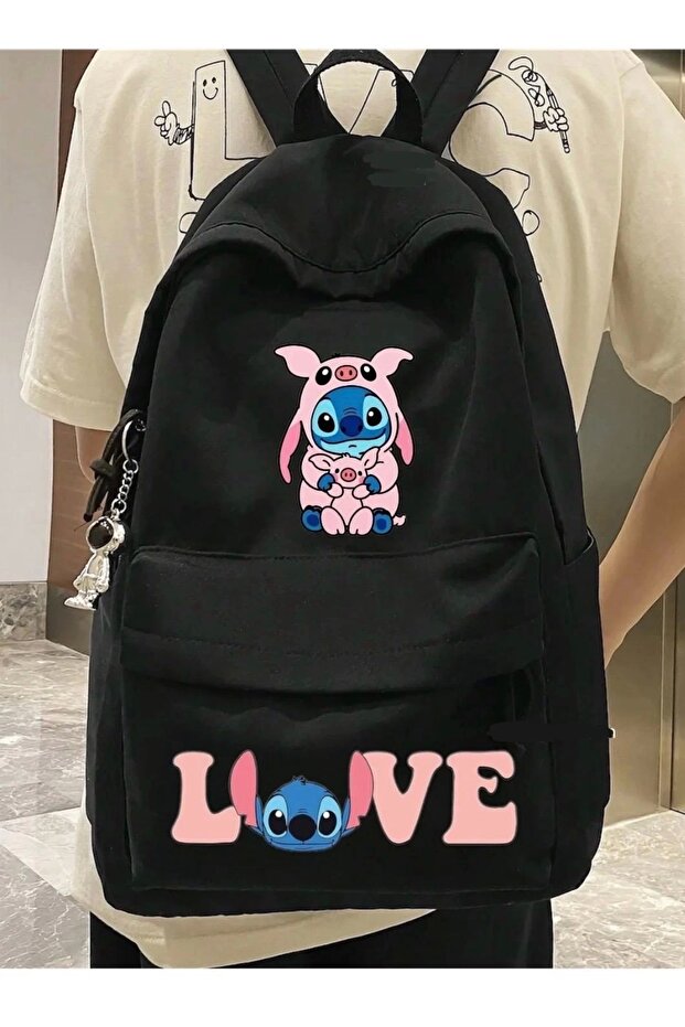 Stitch Pink Pig Costume Double Printed School, Dershane, Course Backpack with Front Pocket
