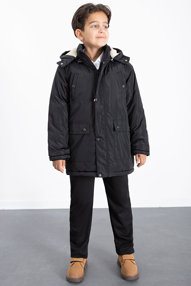 Black Fur Inside Removable Hood Basic Boys down Jacket 21439 - 3