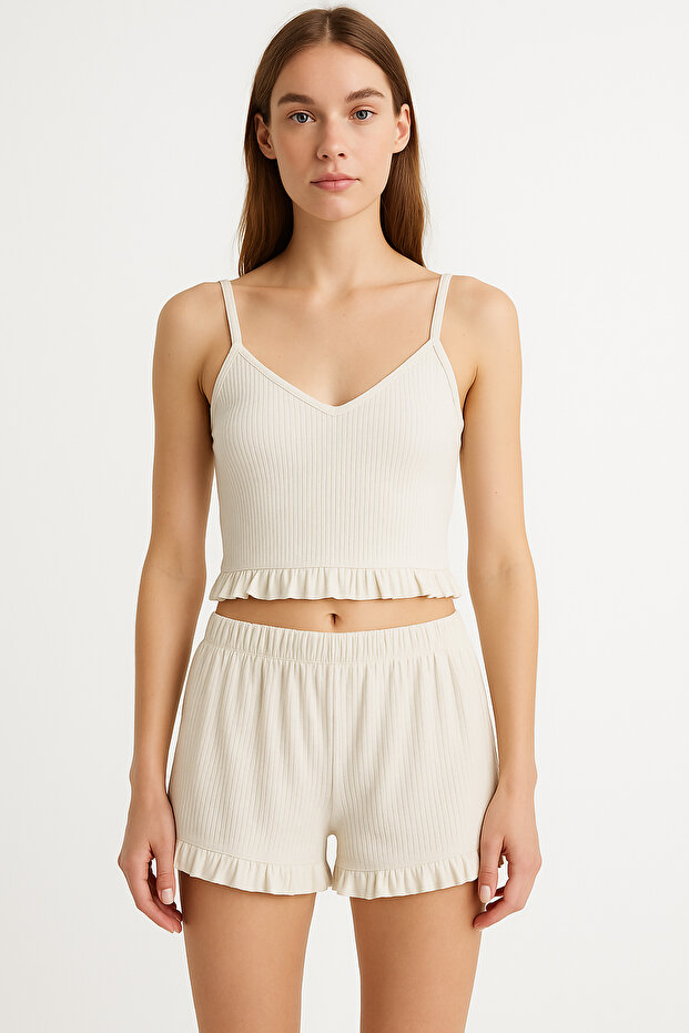 Cotton Ribbed Crop Tank Top and Ruffle Shorts Women's Pajama Set